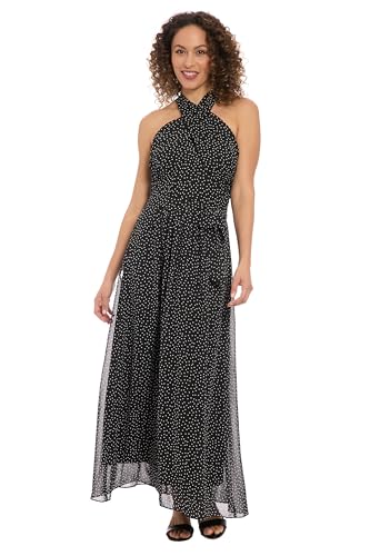 London Times Women's Halter Neck Maxi Sheer Overlay-Elegant A-line Formal Evening Party Long Dress
