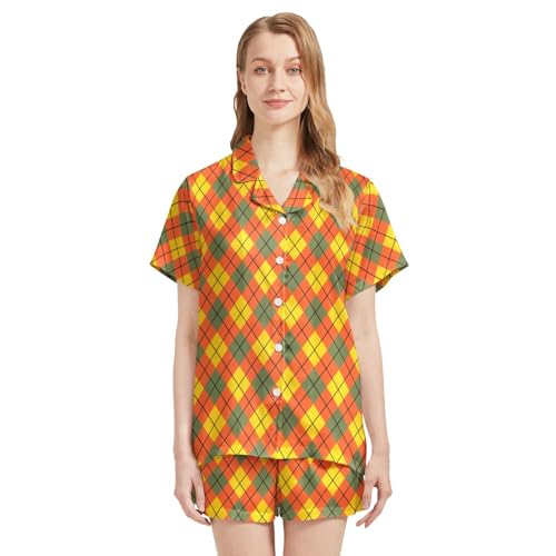 Image of Funny Pajamas for Women Set Print Satin Loungewear Pjs Short Sleeve Button Down Top and Shorts Sets Sleepwear XS-3XL