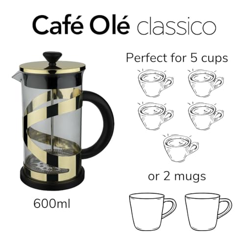 Café Olé Classico Gold Cafetière, French Press coffee maker, stainless steel mesh filter, glass body with stylish Gold finish, 600ml (5 espresso cups, 2 mugs)
