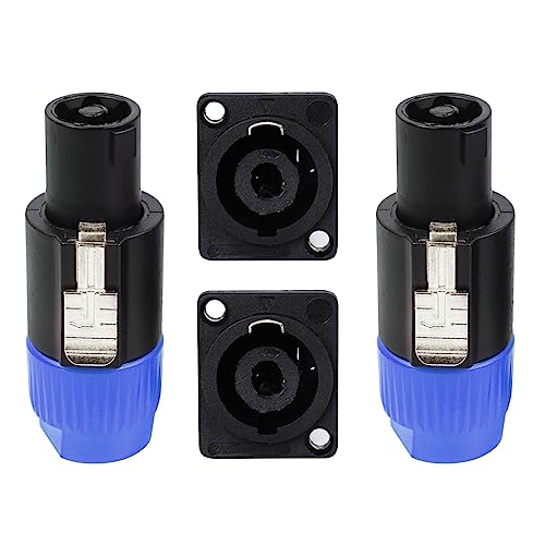 HBU 2 Sets 4 Pole Speakon Connector Kit - 2pcs NL4 Speakon Connectors & 2-pcs 4 Pin Panel Mount Chassis Socket - Twist Lock for NL4FC NL4FX NL4FRX NL4MPR Adapter Plugs (Blue)