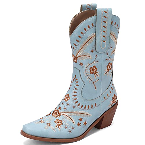 Image of Womens Embroidered Cowgirl Boots Pull On Cowboy Boots for Women Floral Low Chunky Heel Western Boots