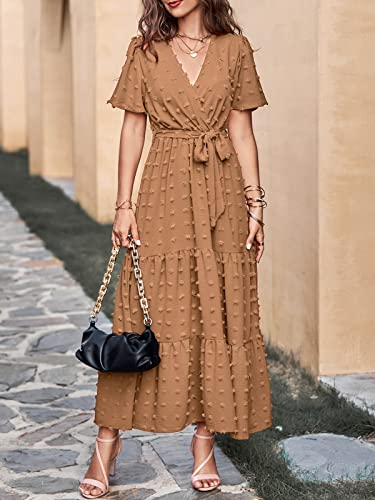Image of MASCOMODA Women Boho Swiss Dot Maxi Dresses Wrap V Neck Flutter Short Sleeve Solid Tie Waist A Line Tiered Flowy Long Dresses