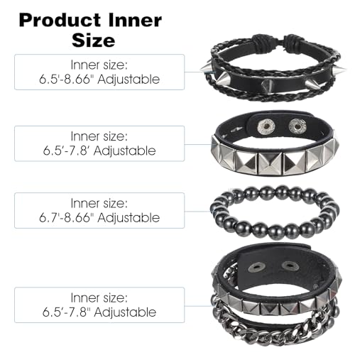 4 Pcs Punk Rock Leather Studded Bracelets for Men Women Spike Bracelets Cuff Bracelet Adjustable Emo Punk Rock Leather Goth Accessories 80s Wristband Bracelet for Rocker Outfits3