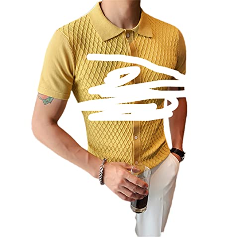 Men Summer Short Sleeves Knitted Sweater Solid Color Lapels Grid Ice Silk Slim Fit Cardigan