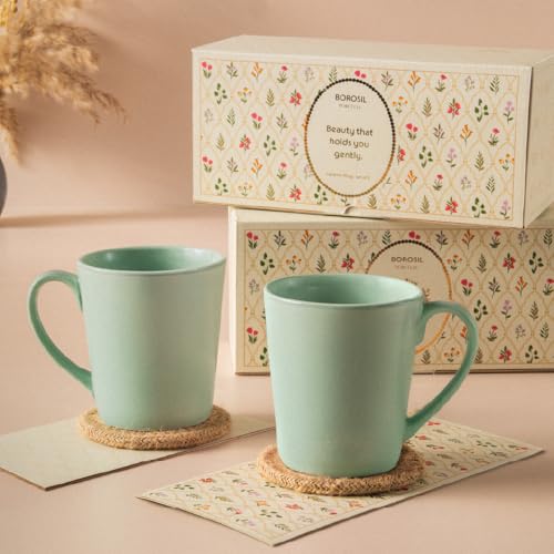 Image of Borosil Porcelia 370 ml x 2pc Haven Sage Tea /Coffee Mug Set | Porcelian Everyday Use Cups | Elegent Embossed Designs | Microwave & Dishwasher Safe Crockery for Gifting & Dining
