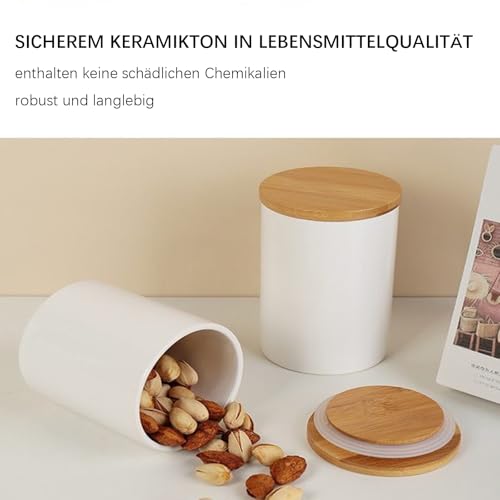 Vorratsdose Keramik mit luftdichtem Bambus-Deckel, 500ml Vorratsbehälter für Kaffee, Zucker, Tee, Nüsse Korn, Gewürze usw. Keramik Aufbewahrungsdose Versiegelter Behälter für Küche und Familie