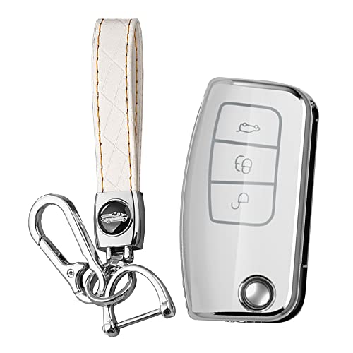 KUNIO Key Cover fit ford Fiesta Focus Galaxy Fusion S-Max Kuga Ecosport Key Cover TPU Folding Car Key Case Keychain Keyring Key Holder 3 Buttons A White
