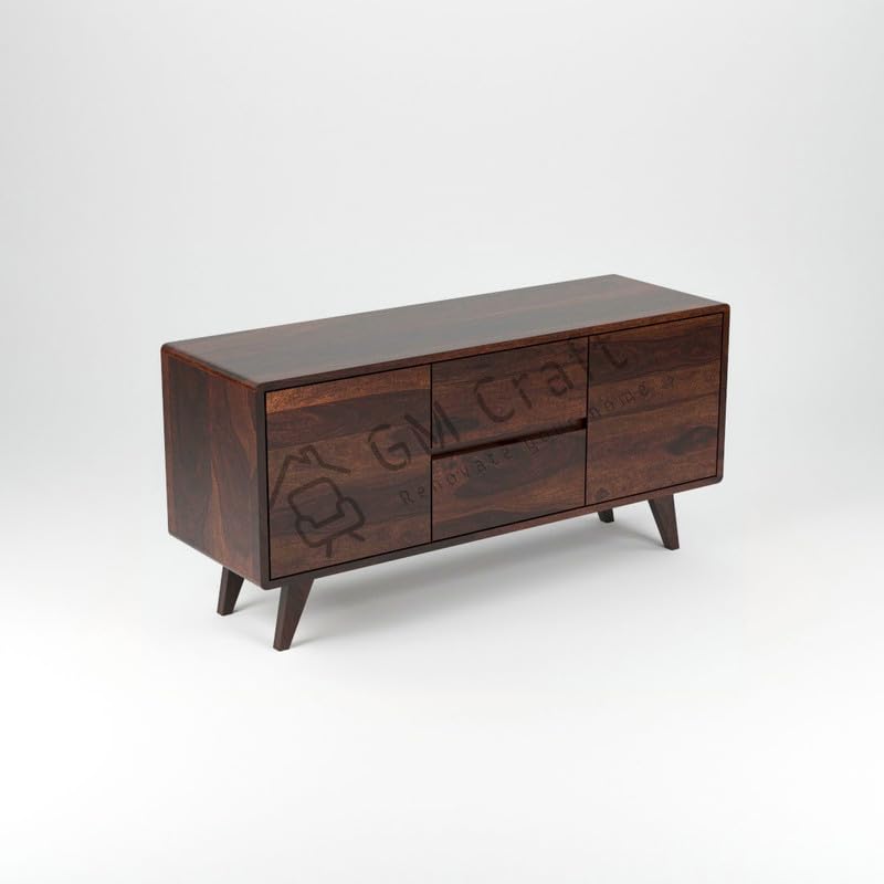 Image of Solid Sheesham Wood TV Unit for Living Room, Solid Wood TV Unit Cabinet,TV Cabinet with 2 Drawers & 2 Cabinet Storage, Solid Wood TV Entertainment Unit - Walnut Finish