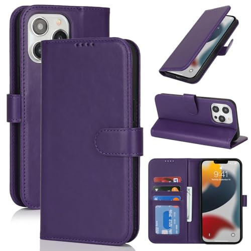 Image of for iPhone 13 Pro Case Wallet with Card Holder,for iPhone 13 Pro Wallet Case for Women Men,PU Leather Shockproof Magnetic Buckle Stand Flip Phone Case-Purple