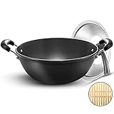 12.5-Inch Diameter Carbon Steel Wok with Extended Depth and Flat Bottom, Suitable for Stir-frying,...