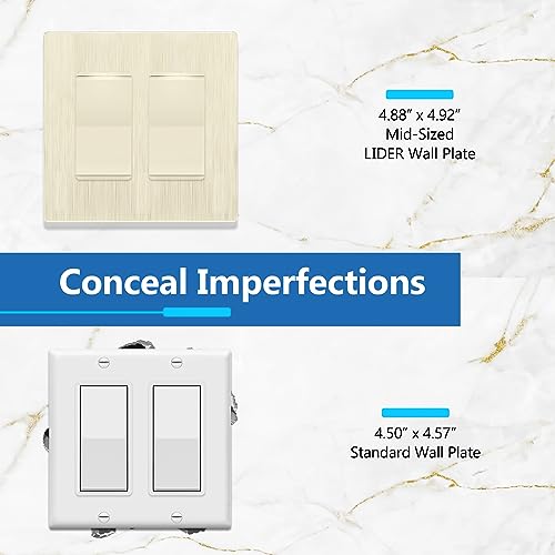 Image of LIDER Double Decorator Switch Cover, Screwless Wall Plate, Mid-Size 2-Gang 4.88 inch x 4.92 inch, UL Listed, Thermoplastic, Brushed Light Almond, 10-Pack