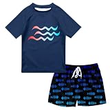 SunFocus 5T Boys Swimsuit Set Hawaiian Bathing Suit Navy Blue Short Sleeve Little Boys' Rashguard Shirts...