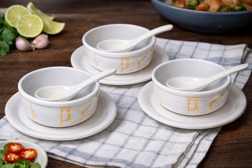 Image of Ariya Melamine French Soup Bowl Set of 12 (350 ml, White /Gold) with Spoons & Saucers|Premium Soup Serving Bowls|Microwave & Dishwasher Safe|Durable Bowls for Soup, Noodles, Cereal & Pasta