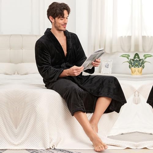 Men's Plush Robe Long Sleeve Warm Soft Winter Loungewear SPA Bath Hotel Shawl Collar Fuzzy Fleece Long Bathrobe2