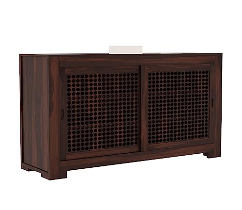 Image of Solid Sheesham Wood Wooden Sideboard Storage Cabinet : Ideal for Living Room and Bedroom with Without Drawers and 6-Shelf Storage (Hagborg, Walnut Finish)