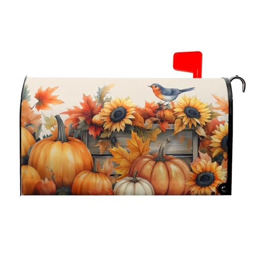Fall Pumpkins Mailbox Covers Magnetic Standard Size 21x18 Inch Autumn Harvest Sunflower Mailbox Wrap Welcome Seasonal Bird Mail Box Decorations Post Protector Letterbox Covers for Garden Yard Outdoor