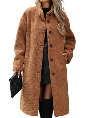 VXVGER Women’s Winter Fuzzy Fleece Coat Warm Long Cardigan Open Front Jacket Button Faux Fur Fluffy Overcoat(Camel,L)
