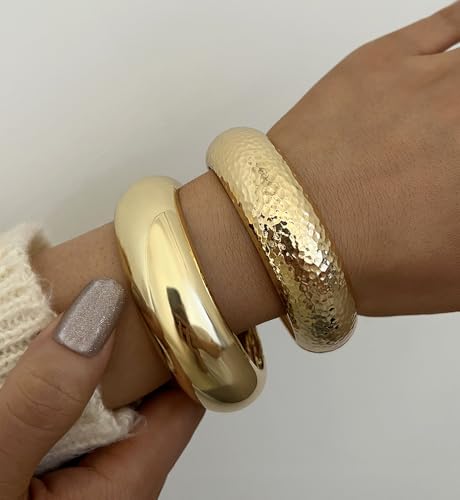 Image of Chunky Gold Bangle Bracelets for Women, Dainty 14k Gold Plated Big Stackable Bangles Set, Trendy Statement Cuff Bracelet Stack Fashion Jewelry Gifts