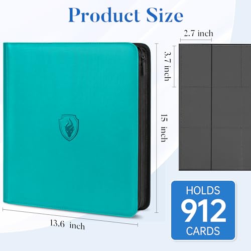 Image of Premium Zip Card Binder 12 Pocket, Fabmaker 912 Pockets Trading Card Binder, PU Zipper Card Collection Album, Sturdy Side-Loading Card Book Holder for Game & Sports Cards, Teal