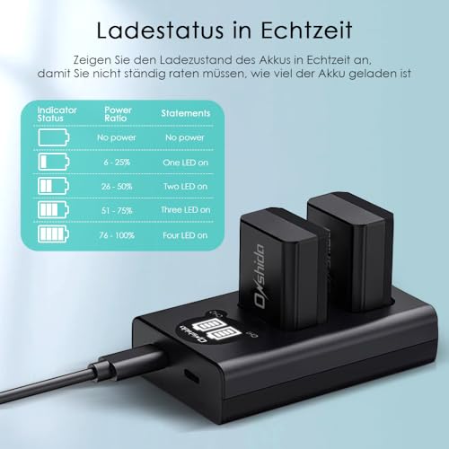 Onshida NP-FW50 Akku 2 Pack 1200mAh Batterie Ladegerät für Sony ZV-E10 Alpha A6000 A6500 A6300 A5100 A7II A7RII A7SII A7S A7S2 A7R A7R2 A3000 A33 A35 A37 A55 RX10 NEX5 Kamera