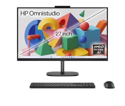 HP OmniStudio 27" FHD All-in-One Desktop for Home Office | AMD Ryzen AI 5 330 AI-Enhanced CPU (4 Cores, Up to 4.5 GHz) | 16GB DDR5, 512GB SSD | True Vision FHD Cam, WiFi 6, 20Gbs USB-C Ports