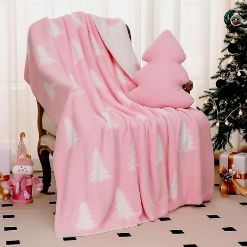 Hillsuren Pink Christmas Tree Throw Blankets and Pillow Gifts Sets Include Pink and White Double Sided Flannel Blanket 50 x 60 Inch and Plush Throw Pillow for Xmas Couch Sofa Bed Home Decorations