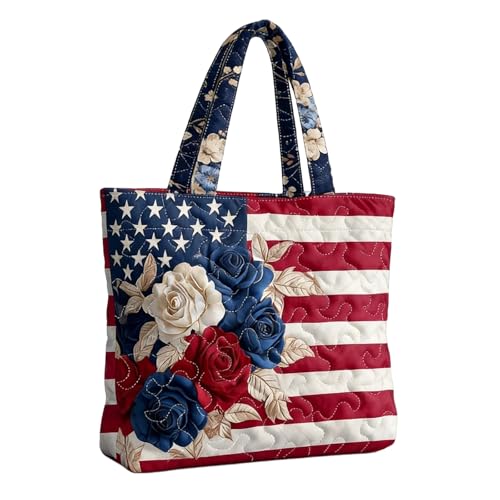 Women 4th of July Floral American Flag Rose Tote Bag Patriotic Stripe Star Quilted Hand Bag Canvas Shoulder Bag (Red White Bule 1Pcs)