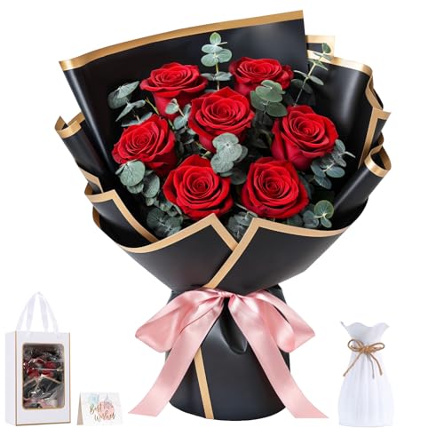 Lewondr Konservierter Blumenstrauß mit Vase – 7 echte Rosen & Blumen, langlebiger Forever-Rosenstrauß, ewiges Geschenk für Mutter, Ehefrau, Valentinstag Jubiläum oder Geburtstag, Rot