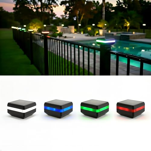 Lunilly 4 Pack Solar Post Cap Lights for 2x2 Inch Aluminum Wrought Iron and Garden/Pool Fences Warm White Cool White and Selectable RGB Colors with Built-in Color-Changing Holiday/Party Mode