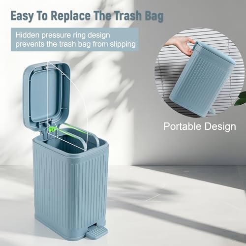 Image of rejomiik Small Bathroom Trash Can with Lid Slim Soft Close Garbage Can Step Wastebasket Container Trash Bin for Office Bedroom Kitchen Living Room 1.9 Gallon, Light Blue