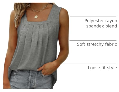 Image of Saloogoe Summer Tank Tops for Women Loose Fit Pleated Square Neck Sleeveless Tops Curved Hem Flowy