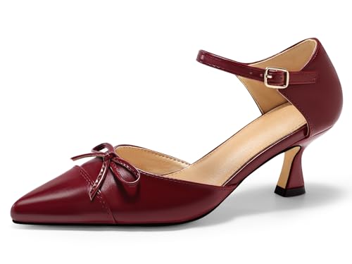 Coutgo Womens Bow Kitten Heels Low Heel Dress Shoes Closed Pointed Toe Ankle Strap D'Orsay Pumps