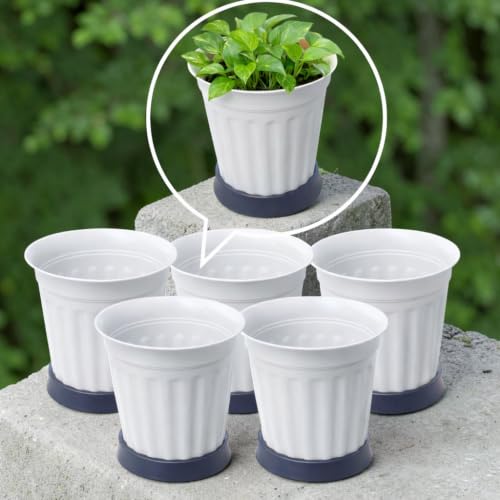 Image of TechHark WhitePlastic Plant Pots with Saucer, Ribbed Style, for Indoor and Outdoor Use, Set of 5