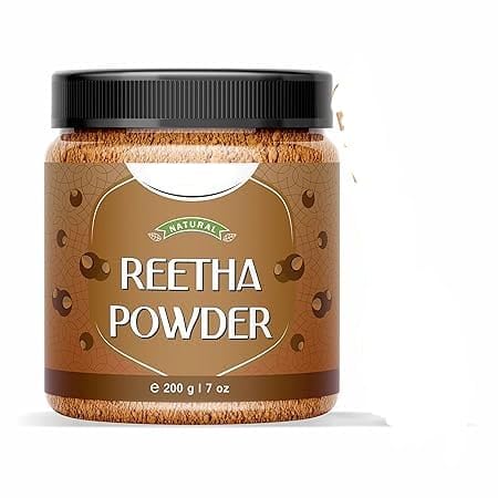 Reetha puro y natural (Aritha, nuez de jabón) en polvo para el cuidado del cabello con cuchara de madera - 7.05 oz
