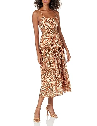 Moon River Women's Shirred Sleeveless Cut-Out midi Dress, Brown Multi, XS  at Amazon Women's Clothing store