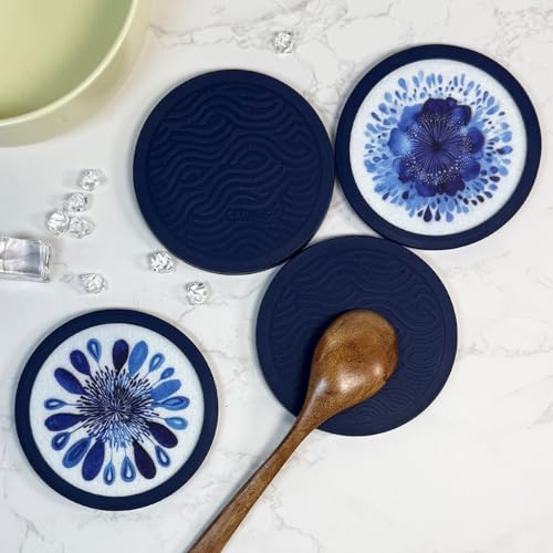 50% Off Indigo Floral Non-Slip Silicone Coasters, 4-Pack