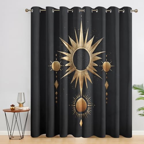Sun and Moon Curtains for Bedroom Decor, 63 Inch Length, Black Gold Celestial Astrology Pattern Design Blackout Drapes, Sun and Moon Curtains for Living Room, 2 Panels Set E&-8898