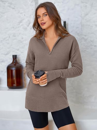 Image of PRETTYGARDEN Womens Long Sleeve Quarter Zip Pullover Sweater | Casual Loose V Neck Sweaters with Thumb Hole, Collared Ribbed Knit Jumper Tops, Oversized Tunic Tops, Fall Outfits 2026