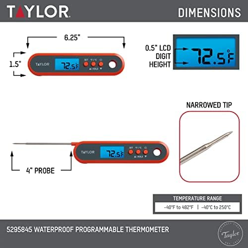 Taylor Digital Waterproof Meat Thermometer for GLP-1 High Protein Meal Prep – Folding Probe for Chicken, Salmon, Steak – Programmable Presets, Backlit Display for Oven, Grill, Orange - 2