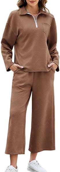 AGSEEM Lounge Sets for Women, Women's 2 Piece Outfits Long Sleeve 1/4 Zip Pullover Cropped Pants 2PC Outfit Comfy Sweatsuits