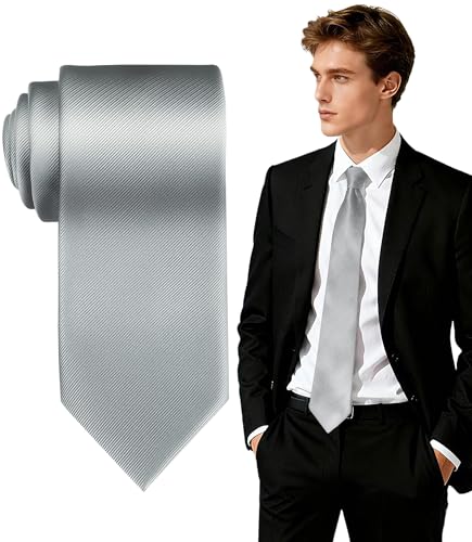 FIXSMITH Mens Silver Tie Silver Ties for Men Neckties for Men Solid Color Tie for Men Mens Formal Ties for Wedding Business Graduation& Party Gift for Dad Husband 3.15 Wide