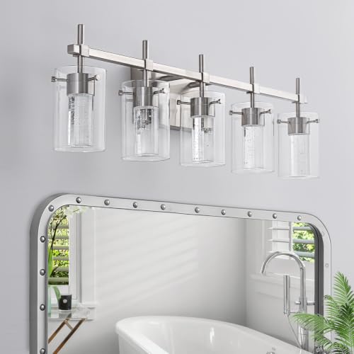 Image of 5-Light Brushed Nickel Vanity Light with 3 Color Modes (3000K /4000K /6000K), Eye Protection LED Bathroom Light Fixture, Dimmable Modern Wall Light Over Mirror with Clear Glass Shade