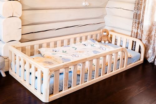 Mandrele - Montessori Bett, Bodenbett mit Lattenrost, Rausfallschutz Bett, Kinderbett, Holzbett mit Bettgestell für Jungen und Mädchen, 90x200 cm, Natur