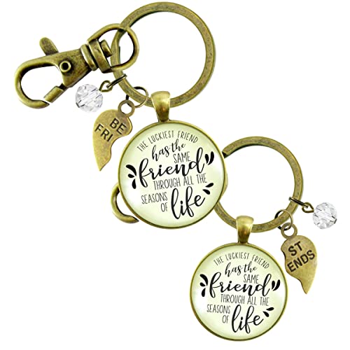 Gutsy Goodness Luckiest Old Best Friends Forever Keychains Set Handmade Matching Message Round Pendant Bronze Boho Aesthetic 2 Key Rings Gift Packaging Bestie Card Engraved Heart Charms Friendship Jewelry For Women cover