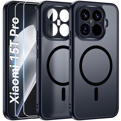 Opkiegrn Magnetisch Hülle Kompatibel mit Xiaomi 15T Pro 5G mit 2 Panzerglas Schutzfolie Vollständiger Kameraschutz Handyhülle Stoßfest Kratzfest Matt Transluzente SchutzHülle Case Schwarz