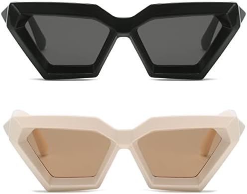 Breaksun Thick Frame Cat Eye Sunglasses for Women Vintage Trendy Cateye Sun Glasses Retro Style Shades (Black+Beige)