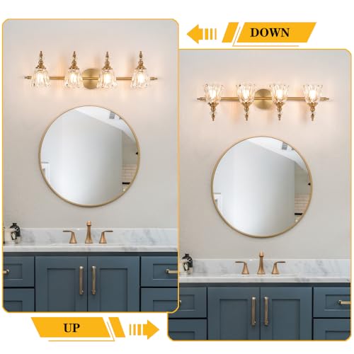 Image of Brushed Antigue Brass Bathroom Light Fixtures 4 Lights, Antique Brass Vanity Light, Vanity Light Over Mirror, Vintage Bathroom Light with Clear Flower Glass, Lights for Wall Interior Hallway