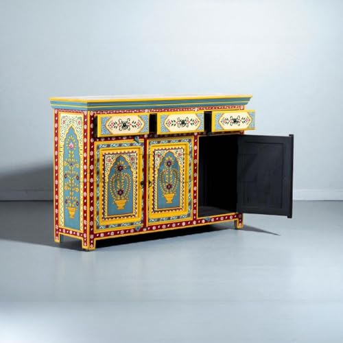 Image of APRODZ Wooden Handpainted Multipurpose Sideboard Storage Cabinet for Home (Multicolor)