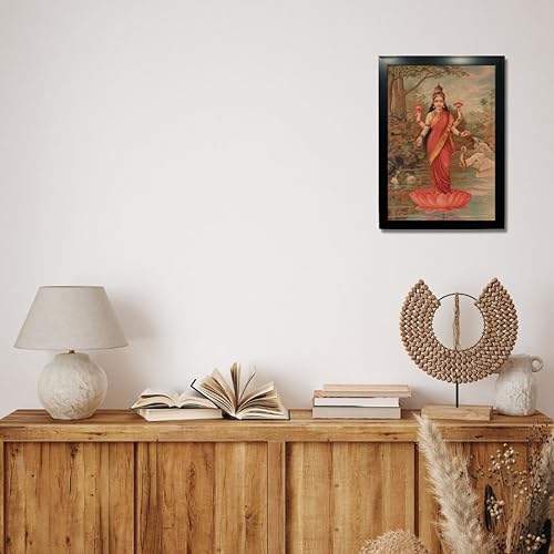 Image of Kagaz Kala Wood - Vintage Art Prints - Hindu God Photos With Frames For Pooja Room Bedroom Living Room Decor Gifts Framed (Goddess Lakshmi), 31 Cm