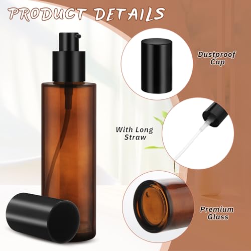 6 Pcs 100ml/3.4oz Amber Glass Pump Bottles Refillable Lotion Dispenser Cosmetic Sample Storage Container Vial with Black Pump Head for Liquid Foundation Soap Shower Gel Shampoo Toiletries3